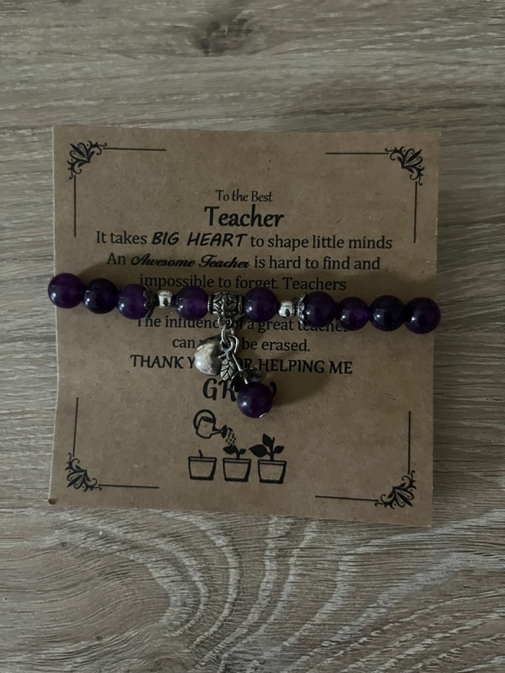 Purple Beaded Teacher Charm Bracelet